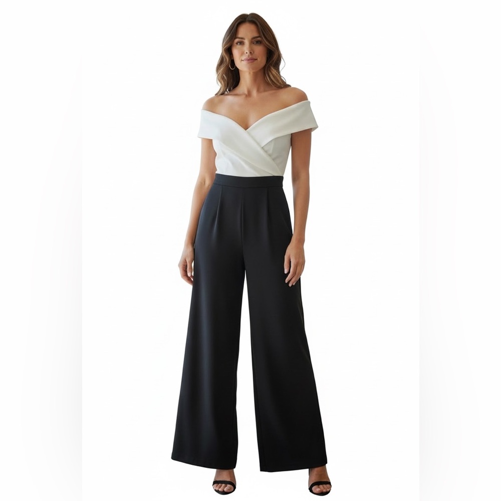 Shelby & Palmer Off-Shoulder Black and White Jumpsuit